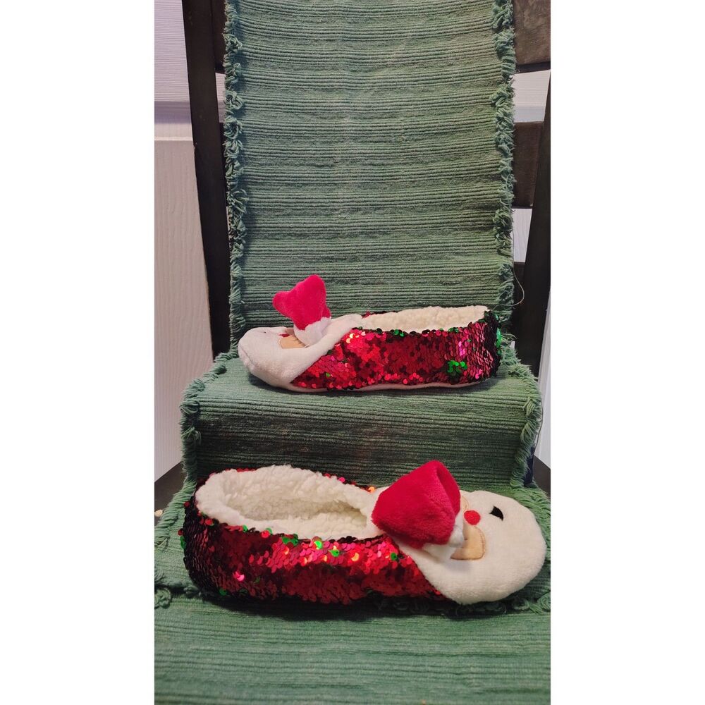 Women's Red Sequin Santa Claus Christmas Slipper Socks with Sherpa Lining